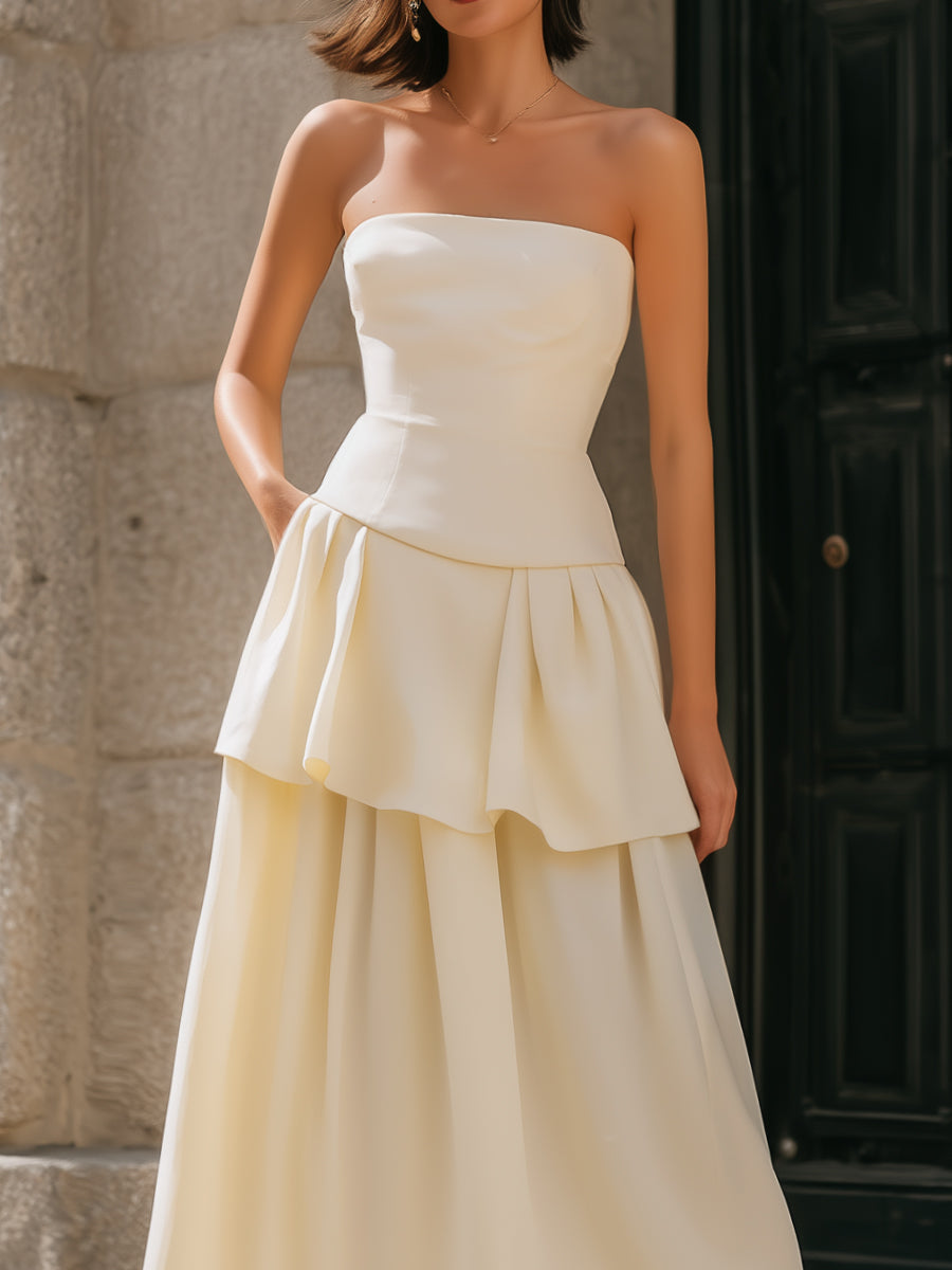 Strapless Tiered Peplum A-Line Midi Dress