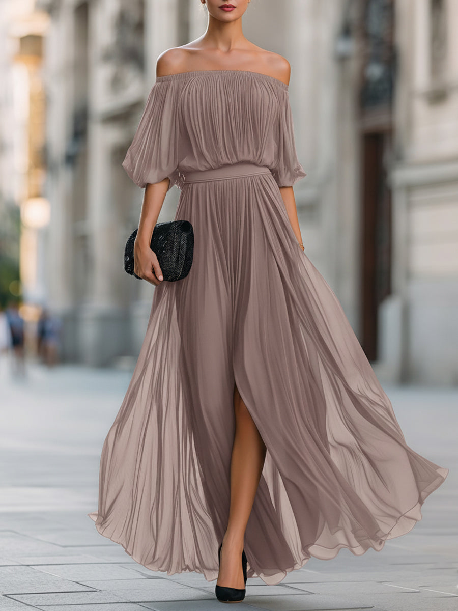 Off-Shoulder Pleated Chiffon Maxi Dress