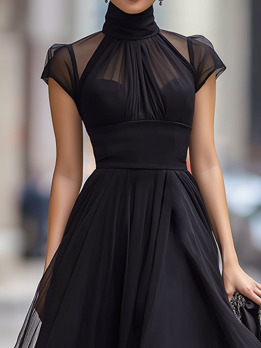 Sheer Panel High-Neck Pleated A-Line Midi Dress