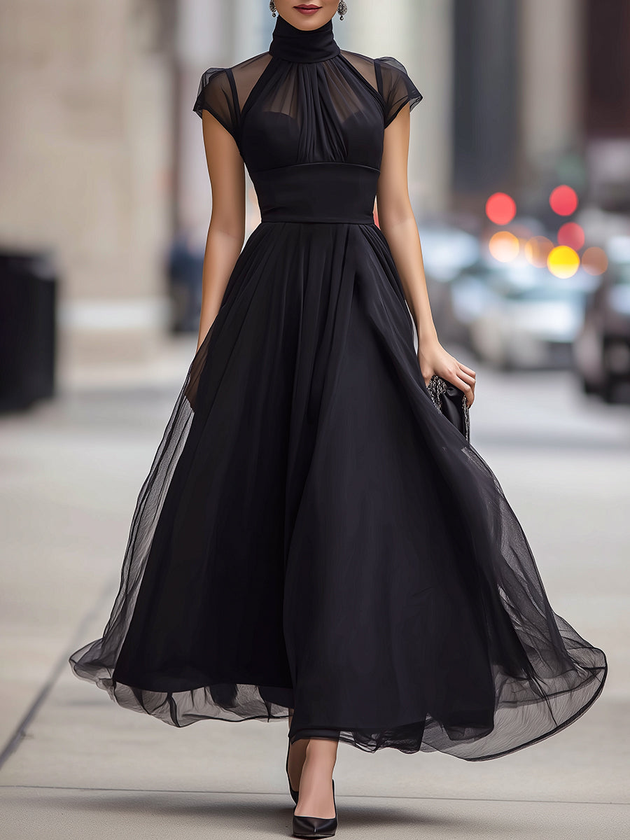 Sheer Panel High-Neck Pleated A-Line Midi Dress