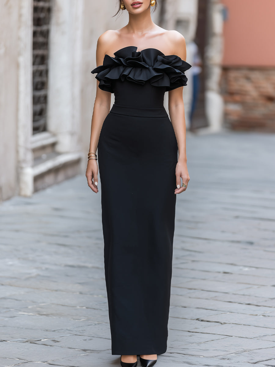 Off-Shoulder Ruffle Bodice Sculpted Maxi Dress