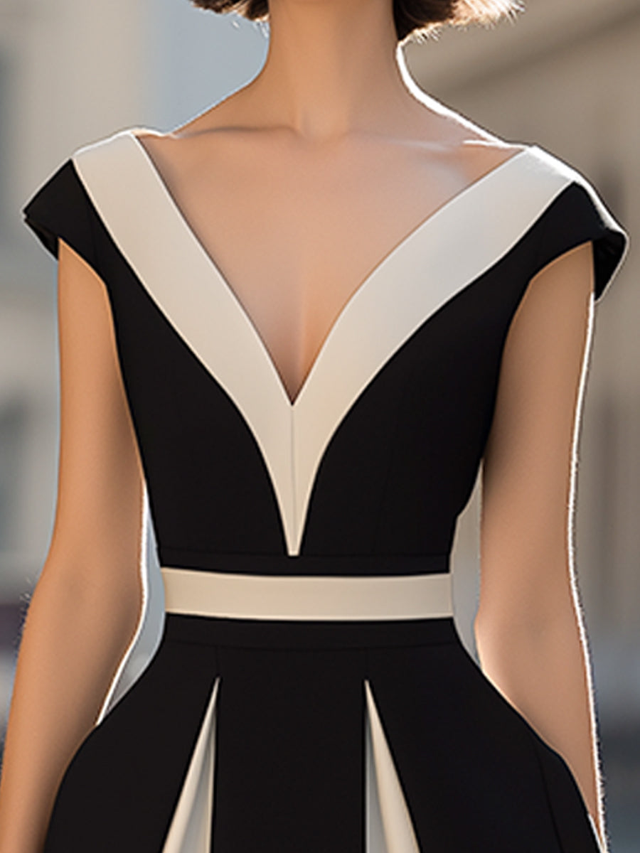 Contrast Panel V-Neck A-Line Midi Dress