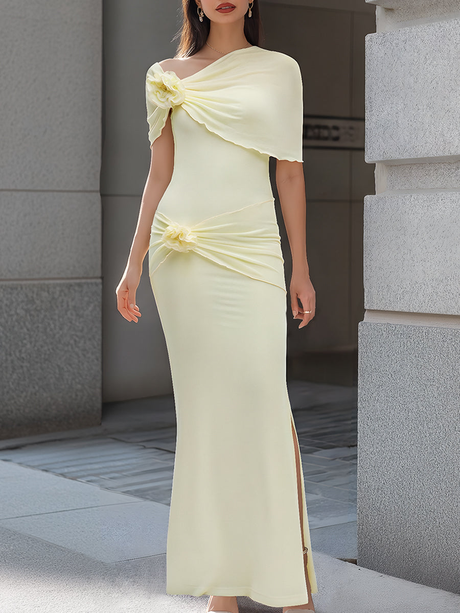 One-Shoulder Floral Draped Bodycon Maxi Dress
