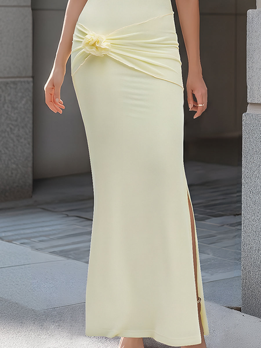 One-Shoulder Floral Draped Bodycon Maxi Dress