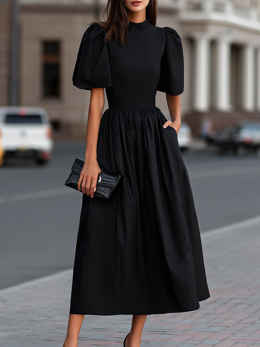 High Neck Puff Sleeve Gathered Waist Midi Dress