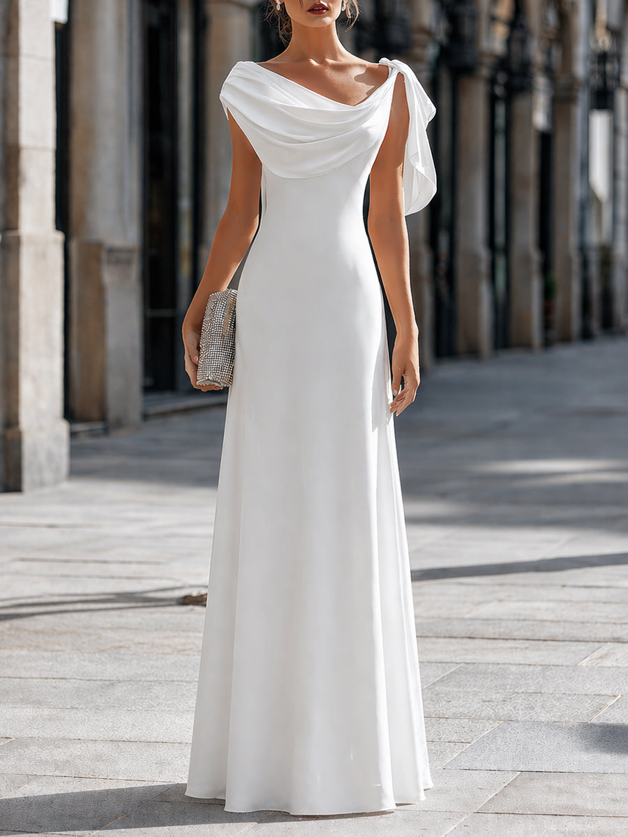 Draped Off-Shoulder Asymmetric Cape Sleeve Maxi Dress