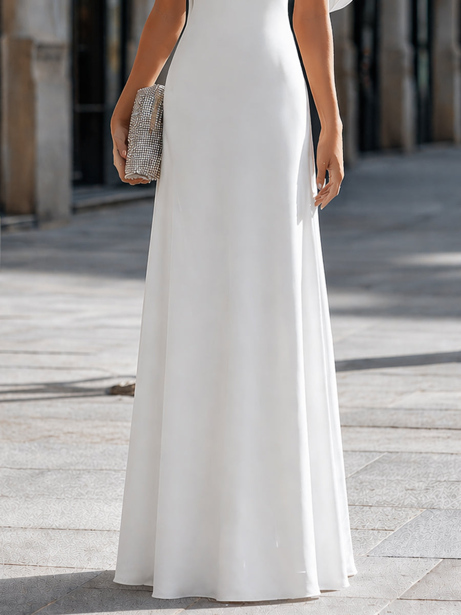 Draped Off-Shoulder Asymmetric Cape Sleeve Maxi Dress