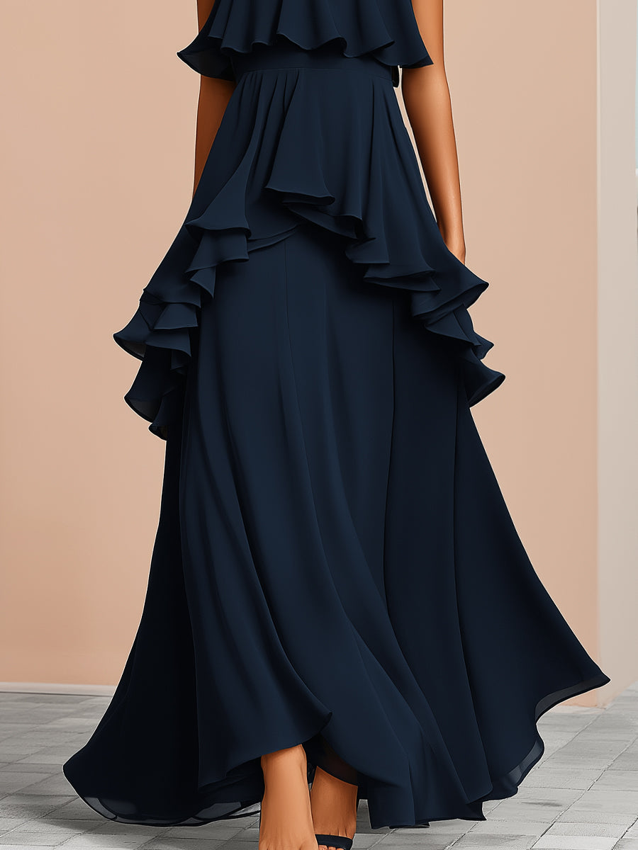 Halter Neck Asymmetric Layered Ruffle Maxi Dress