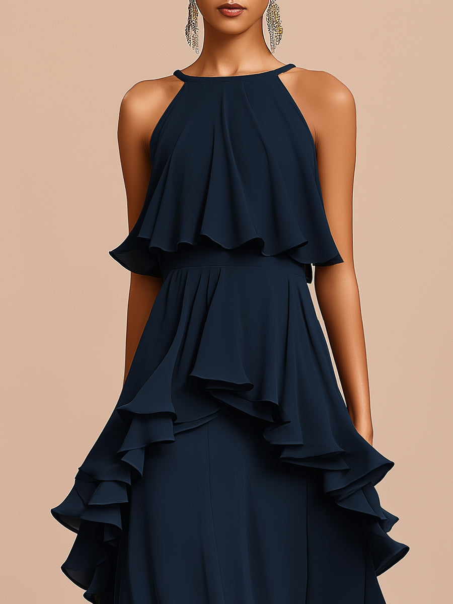 Halter Neck Asymmetric Layered Ruffle Maxi Dress