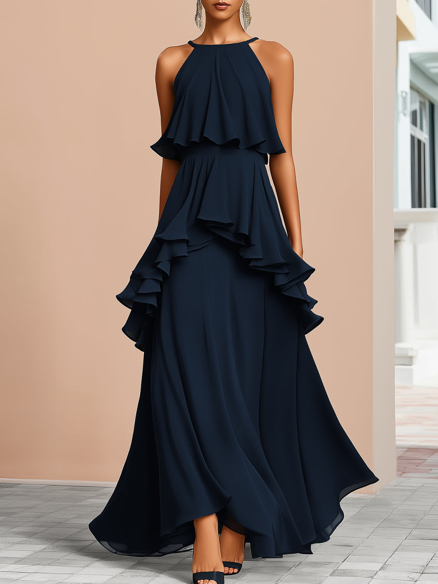 Halter Neck Asymmetric Layered Ruffle Maxi Dress