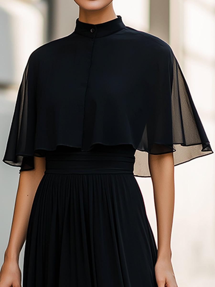 Sheer Cape Sleeve High-Neck Midi Dress