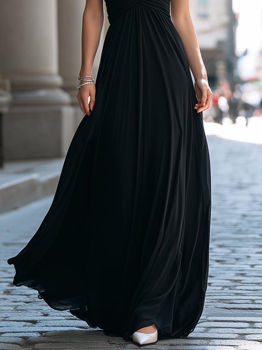 Halter Neck Ruched Bodice Flowing Maxi Evening Dress