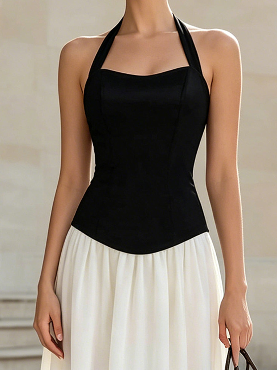 Black & White Halter Neck Midi Dress