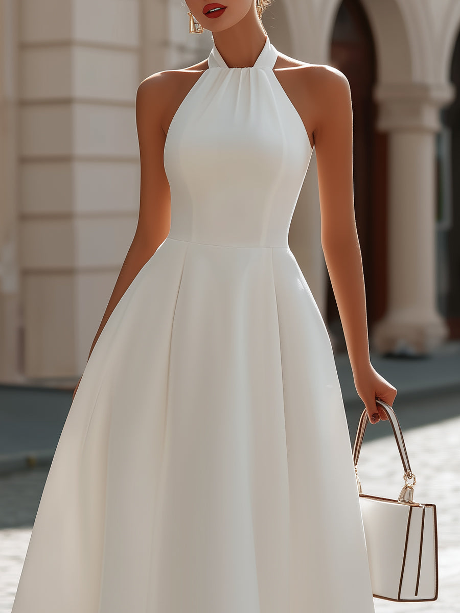 Halter Neck Sleeveless Fit-and-Flare Midi Dress