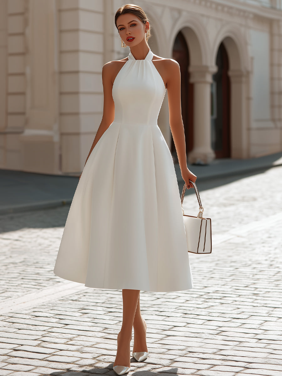 Halter Neck Sleeveless Fit-and-Flare Midi Dress