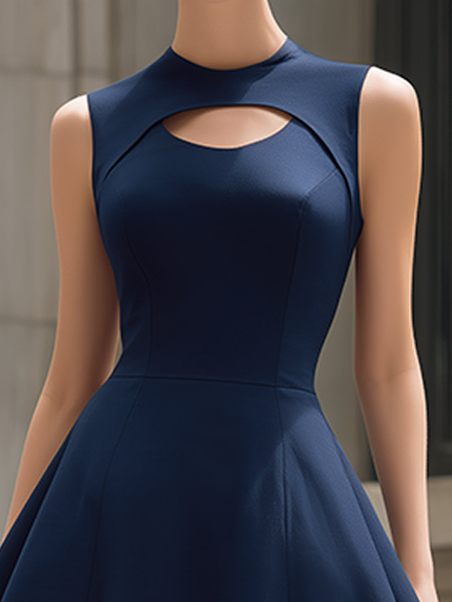 High Neck Cutout Sleeveless Structured A-Line Midi Dress