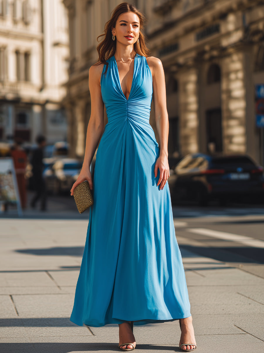 Ruched Deep V-Neck Sleeveless Maxi Dress With Flowing A-Line Silhouette