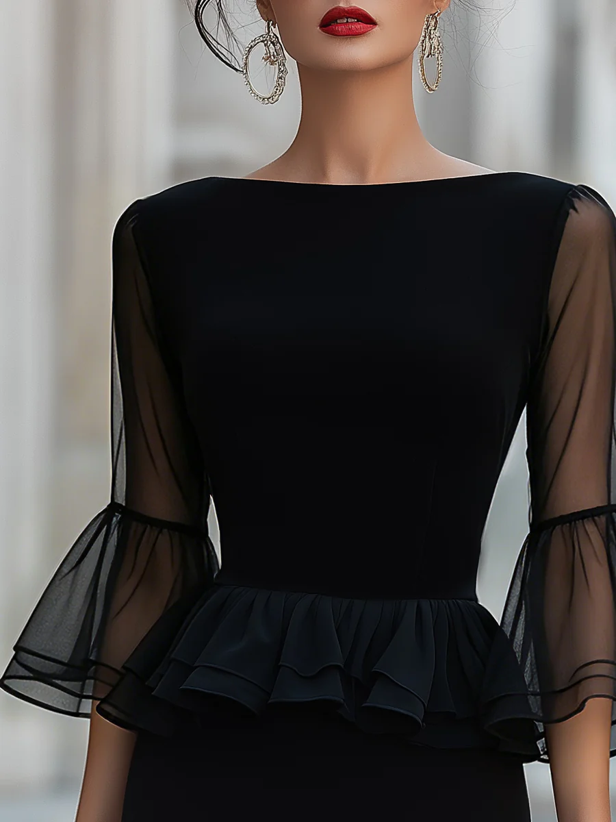 Bateau Neckline Sheer Bell Sleeve Peplum Midi Dress