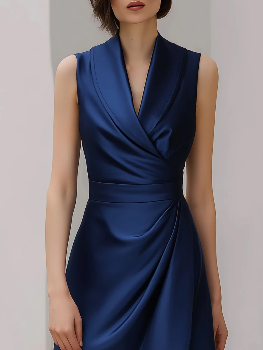 Sleeveless Satin Shawl Neckline Asymmetrical Midi Dress