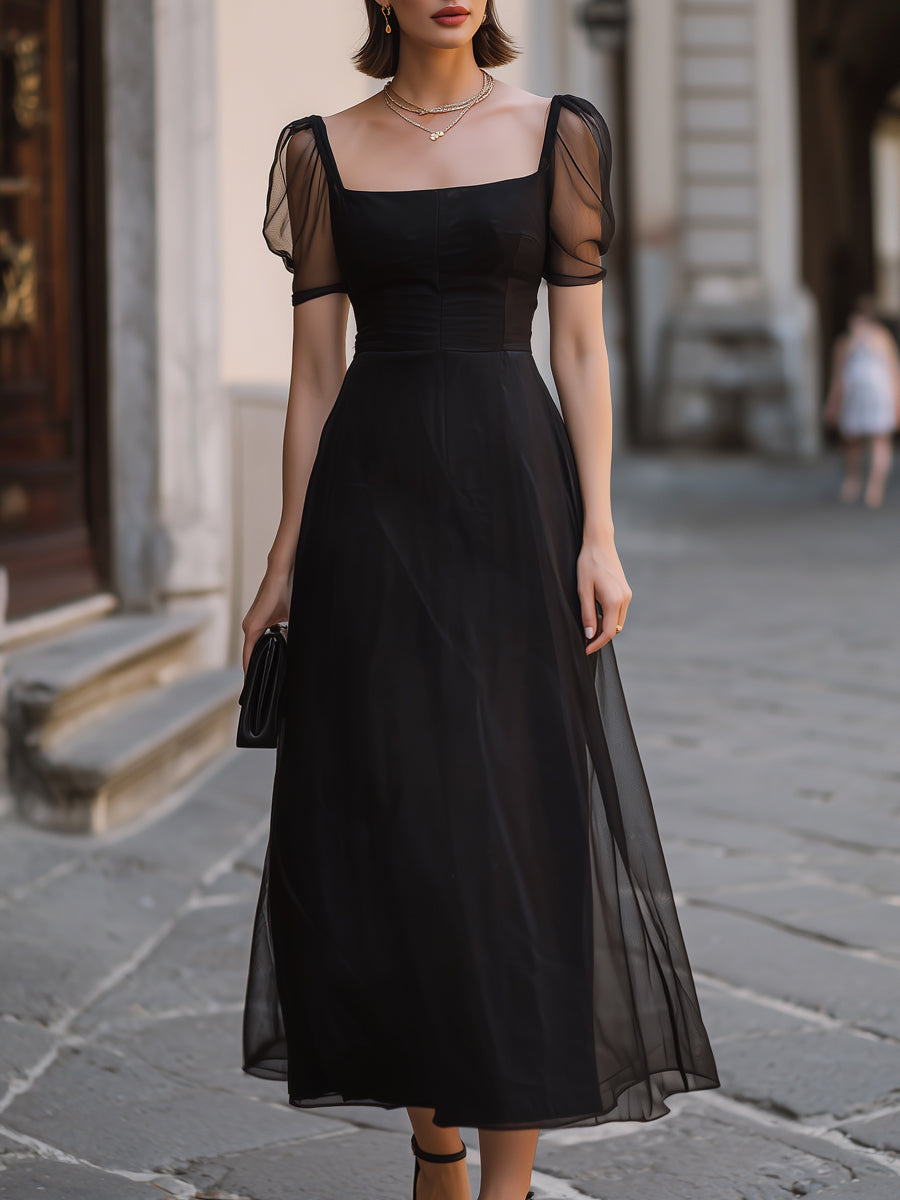 Sheer Puff Sleeve Square Neck Maxi Dress