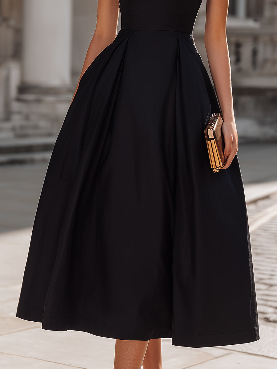 High-Neck Sleeveless Structured A-Line Midi Dress