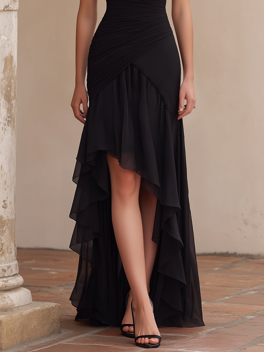 Ruched Lace-Shoulder High-Low Evening Dress