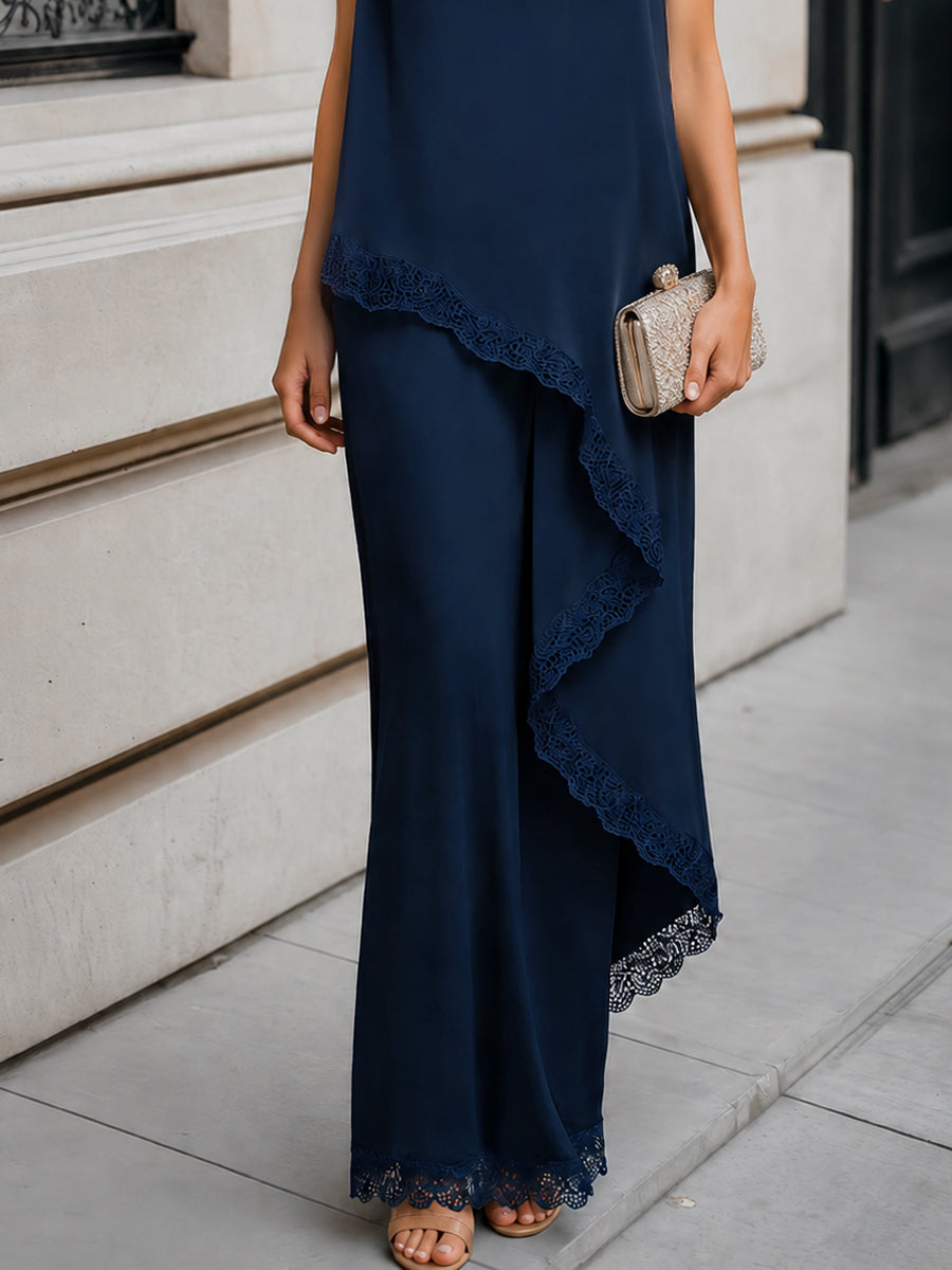 Two-piece Set Acetate Satin Lace-Trim Blouse And Maxi Skirt