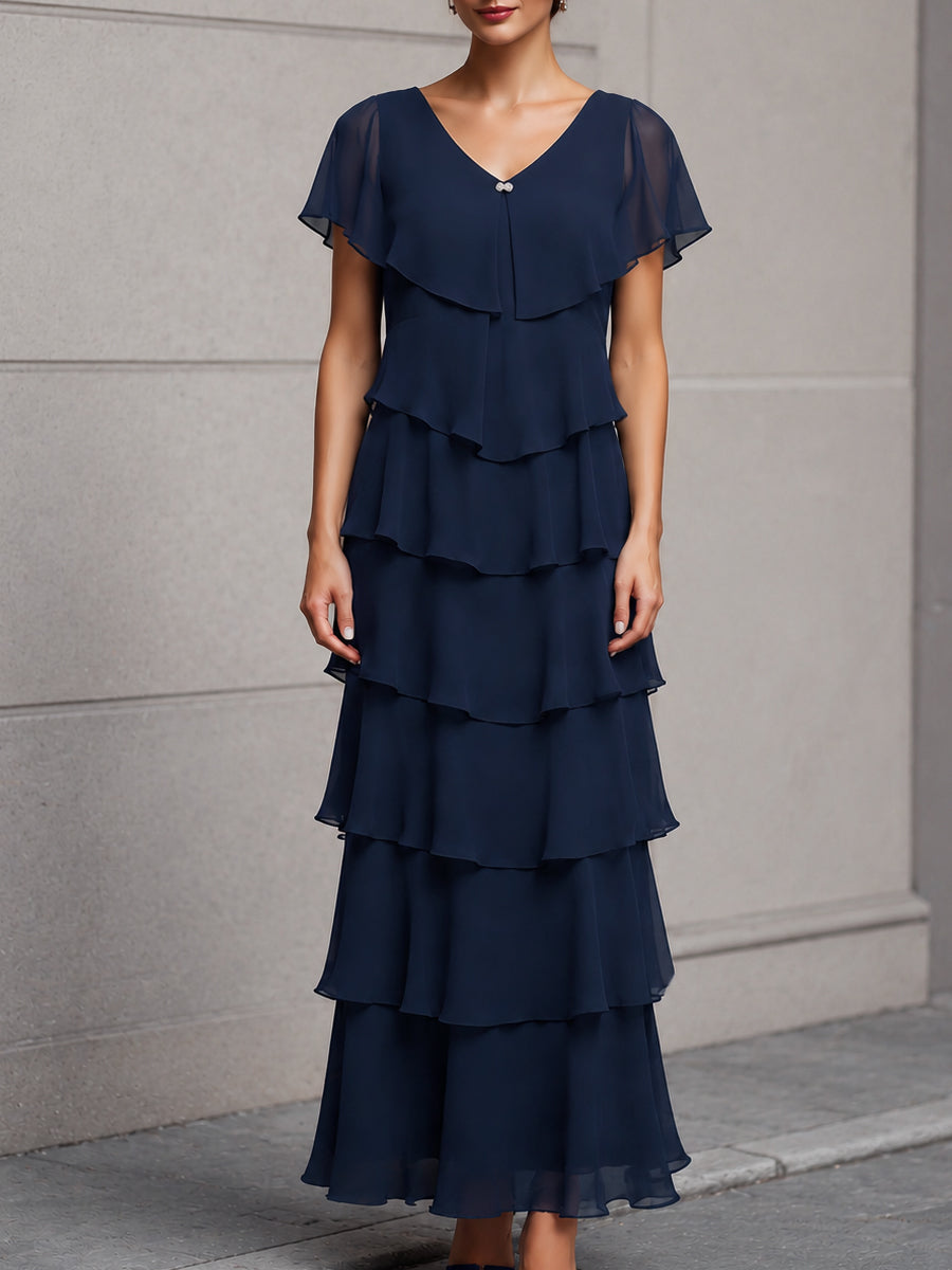 Elegant Flutter Sleeves Layered Chiffon Maxi Dress