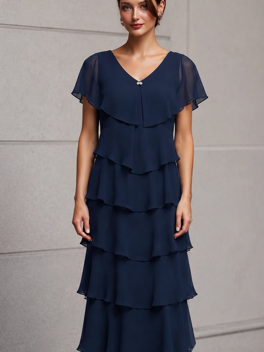 Elegant Flutter Sleeves Layered Chiffon Maxi Dress