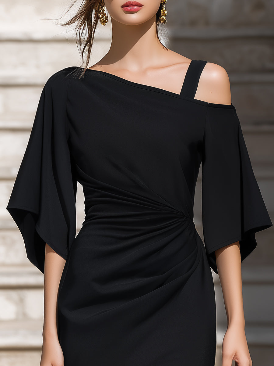 Asymmetrical Off-shoulder Neckline Ruched Midi Dress