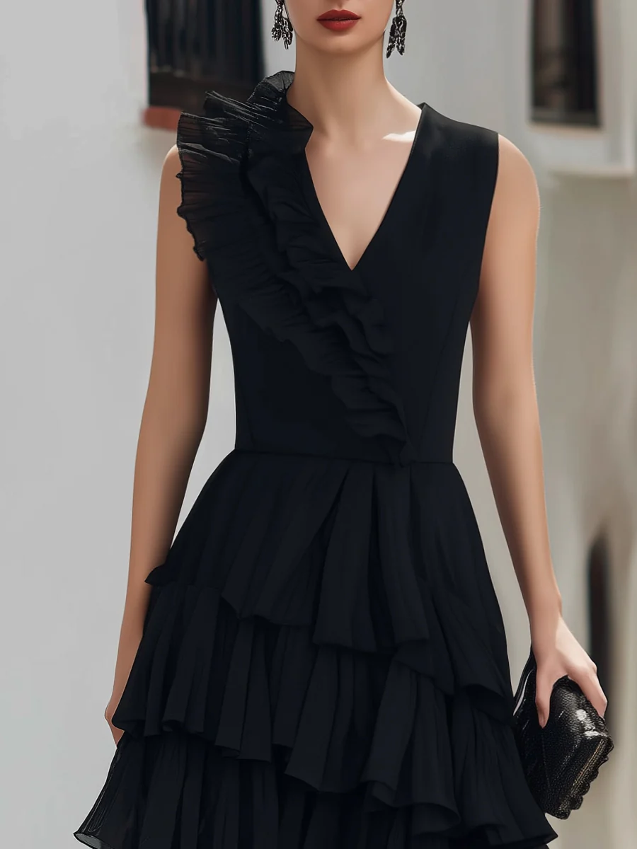 Asymmetrical Tiered Ruffle Sleeveless Midi Dress