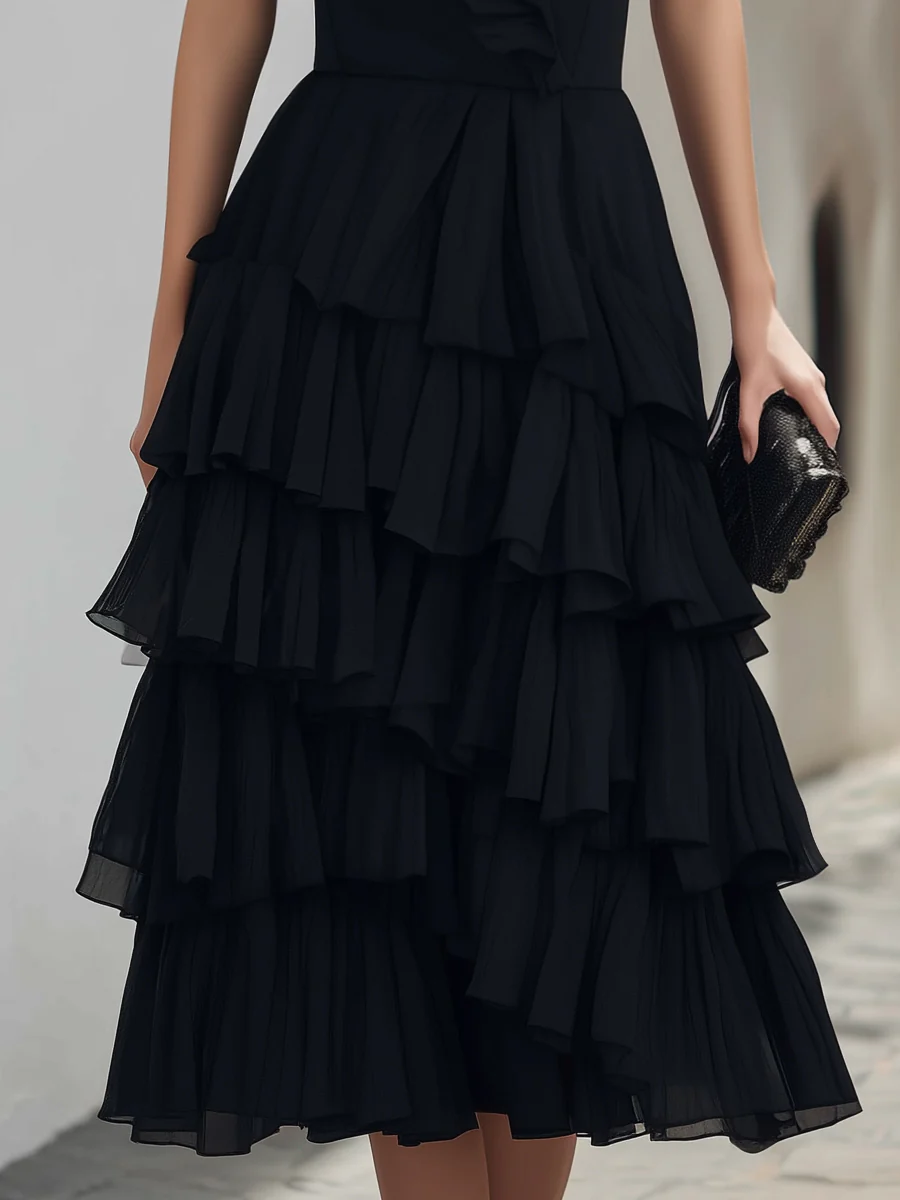 Asymmetrical Tiered Ruffle Sleeveless Midi Dress