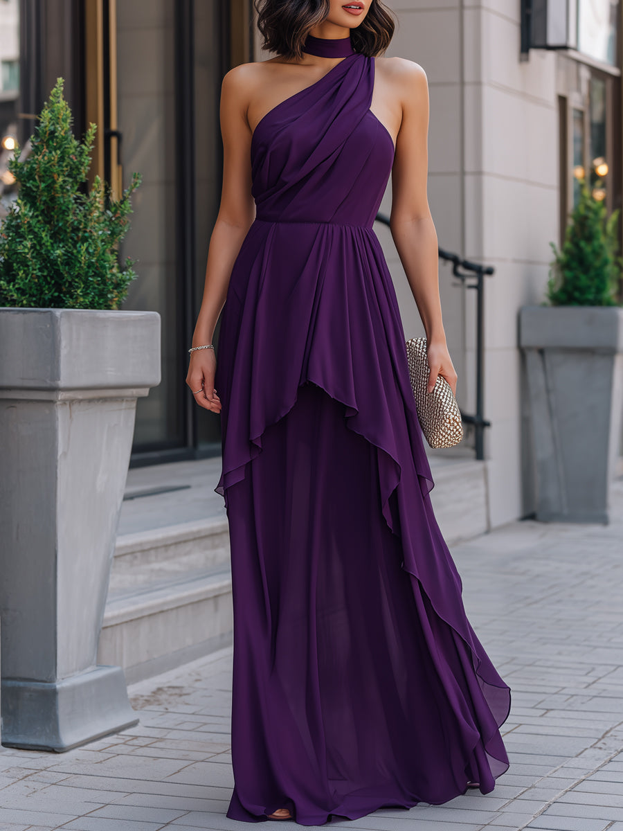 Asymmetrical Draped Halter Layered Chiffon Maxi Dress