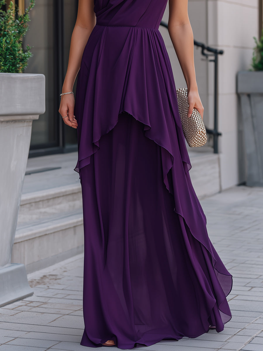 Asymmetrical Draped Halter Layered Chiffon Maxi Dress