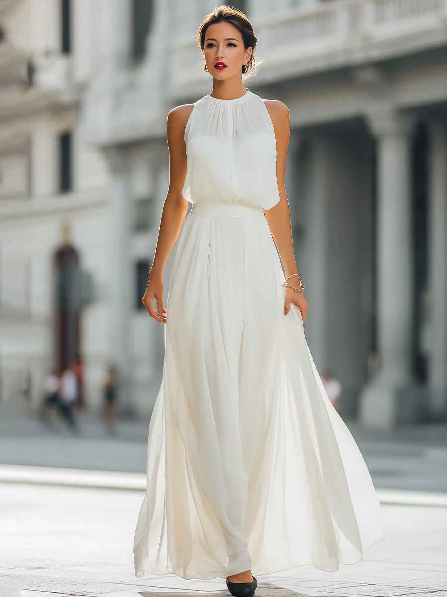 Pleated Halter Neck Maxi Dress with Flowing Skirt