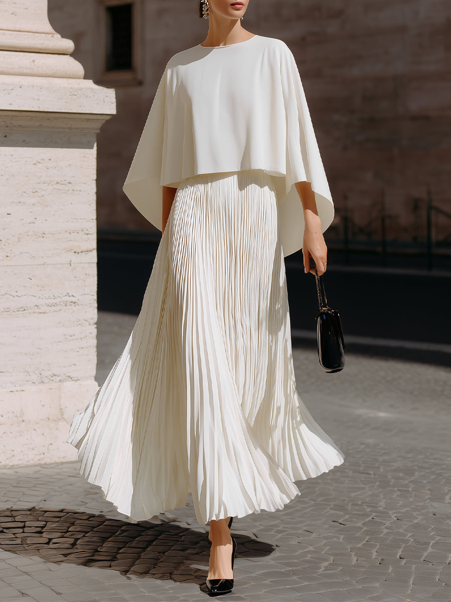 Flowing Cape Sleeve Pleated Maxi Dress