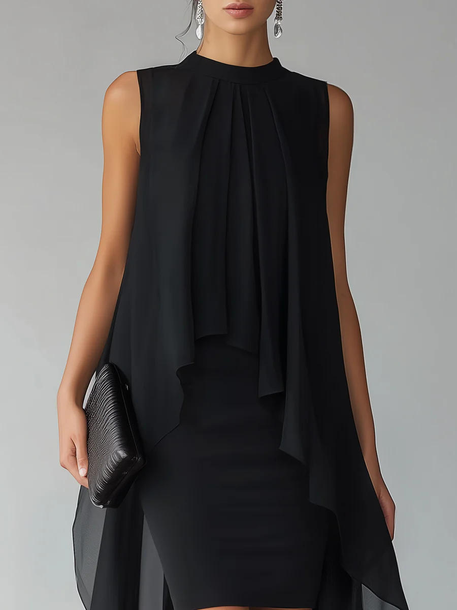 Asymmetrical Layered Chiffon Overlay Cocktail Dress