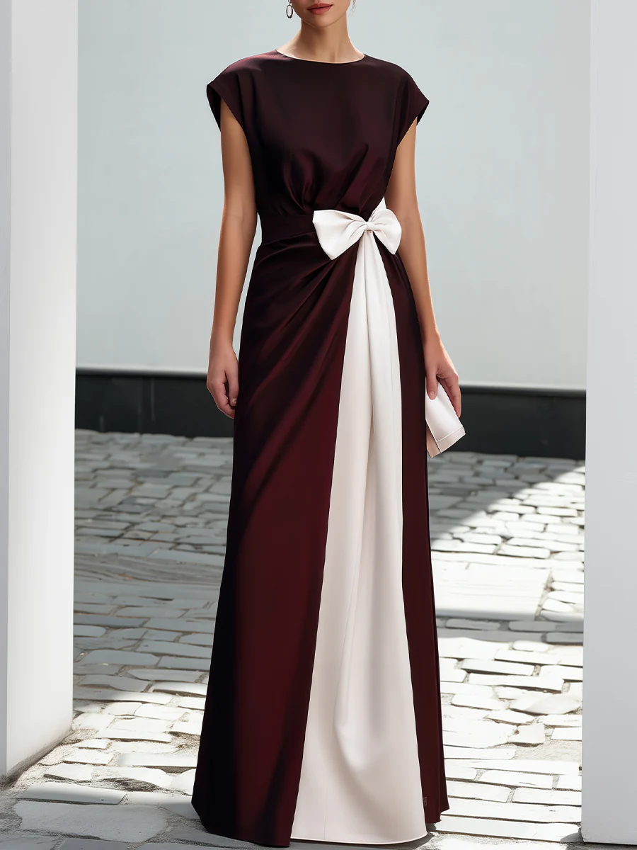 Contrast Panel Bow Waist Maxi Dress