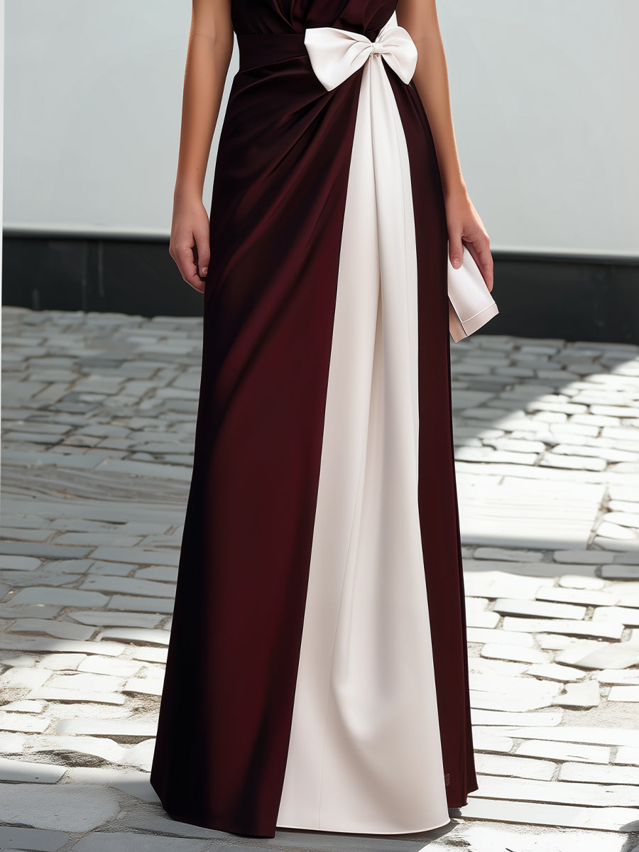 Contrast Panel Bow Waist Maxi Dress