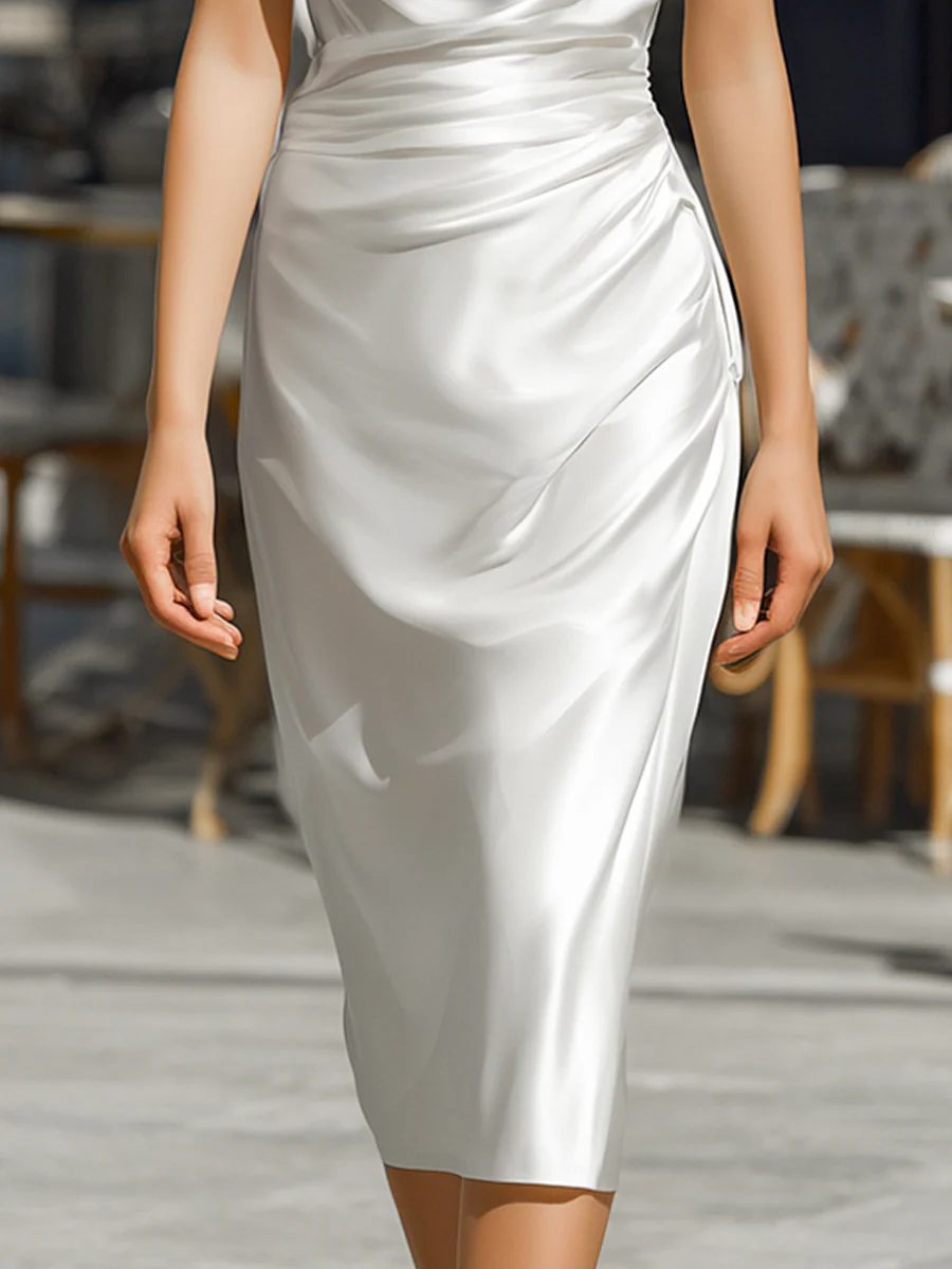 Draped Cowl-Neck Satin Midi Dress
