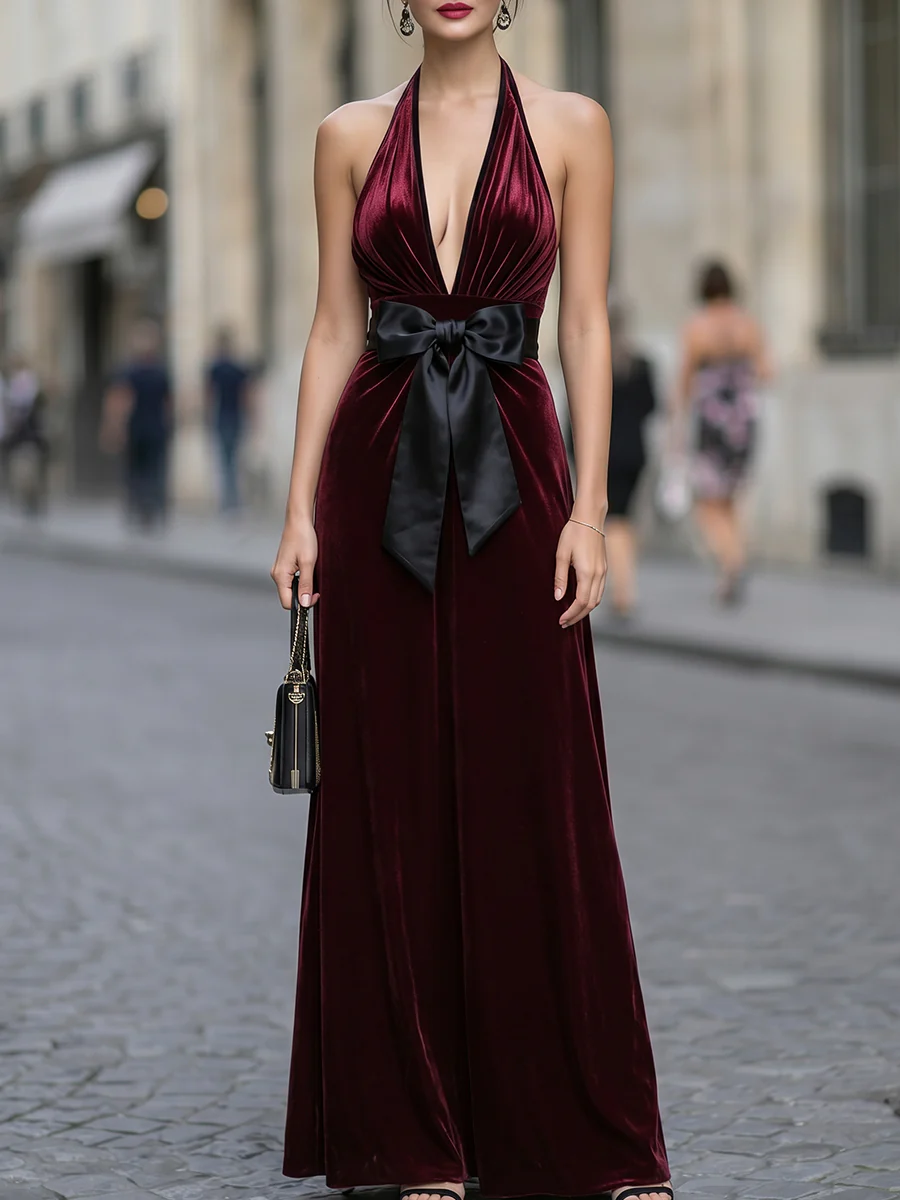 Velvet Halter Neck Deep V Maxi Dress With Statement Bow