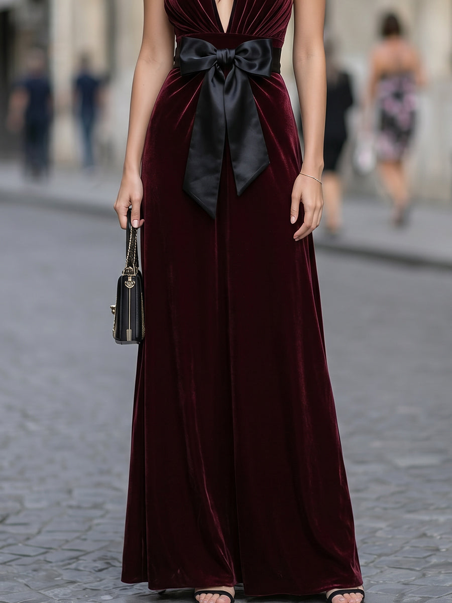 Velvet Halter Neck Deep V Maxi Dress With Statement Bow
