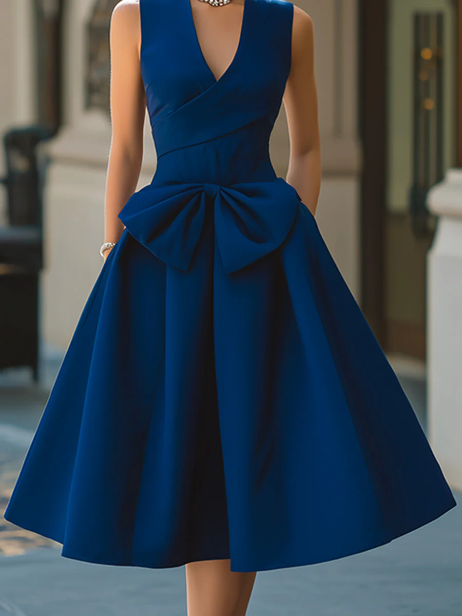 Elegant Bow Waist Sleeveless A-Line Midi Dress