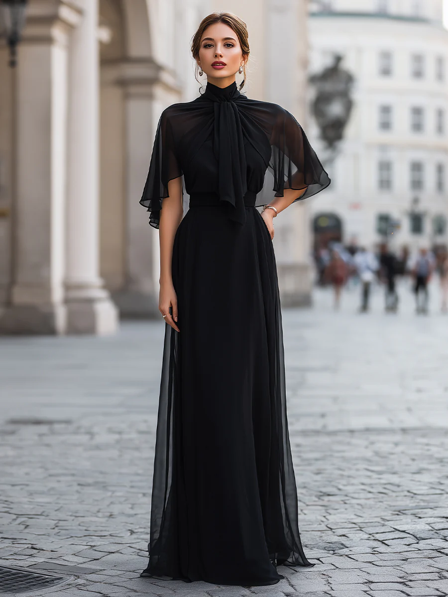 Sheer Tie-Neck Maxi Dress With Flutter Sleeves And Layered Skirt