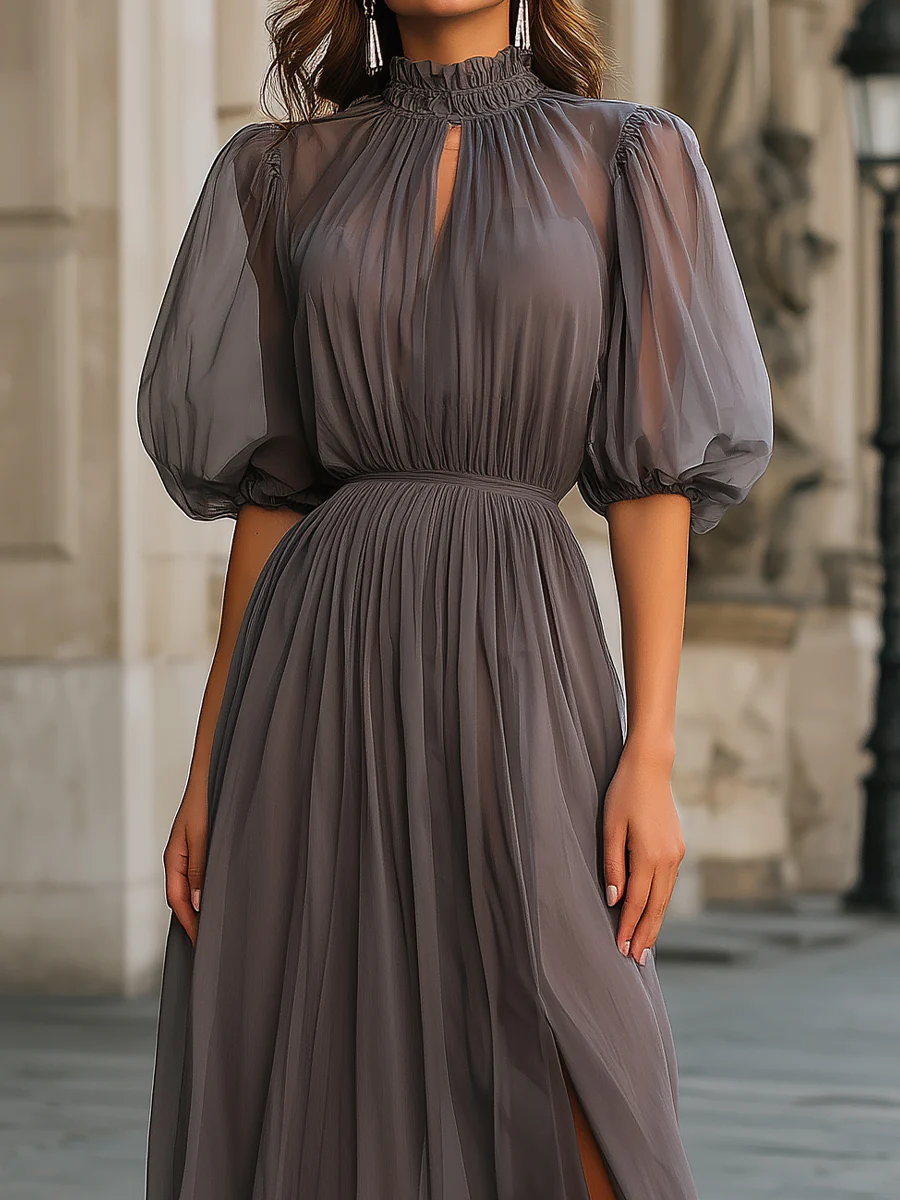 High Neck Gathered Chiffon Maxi Dress With Front Slit