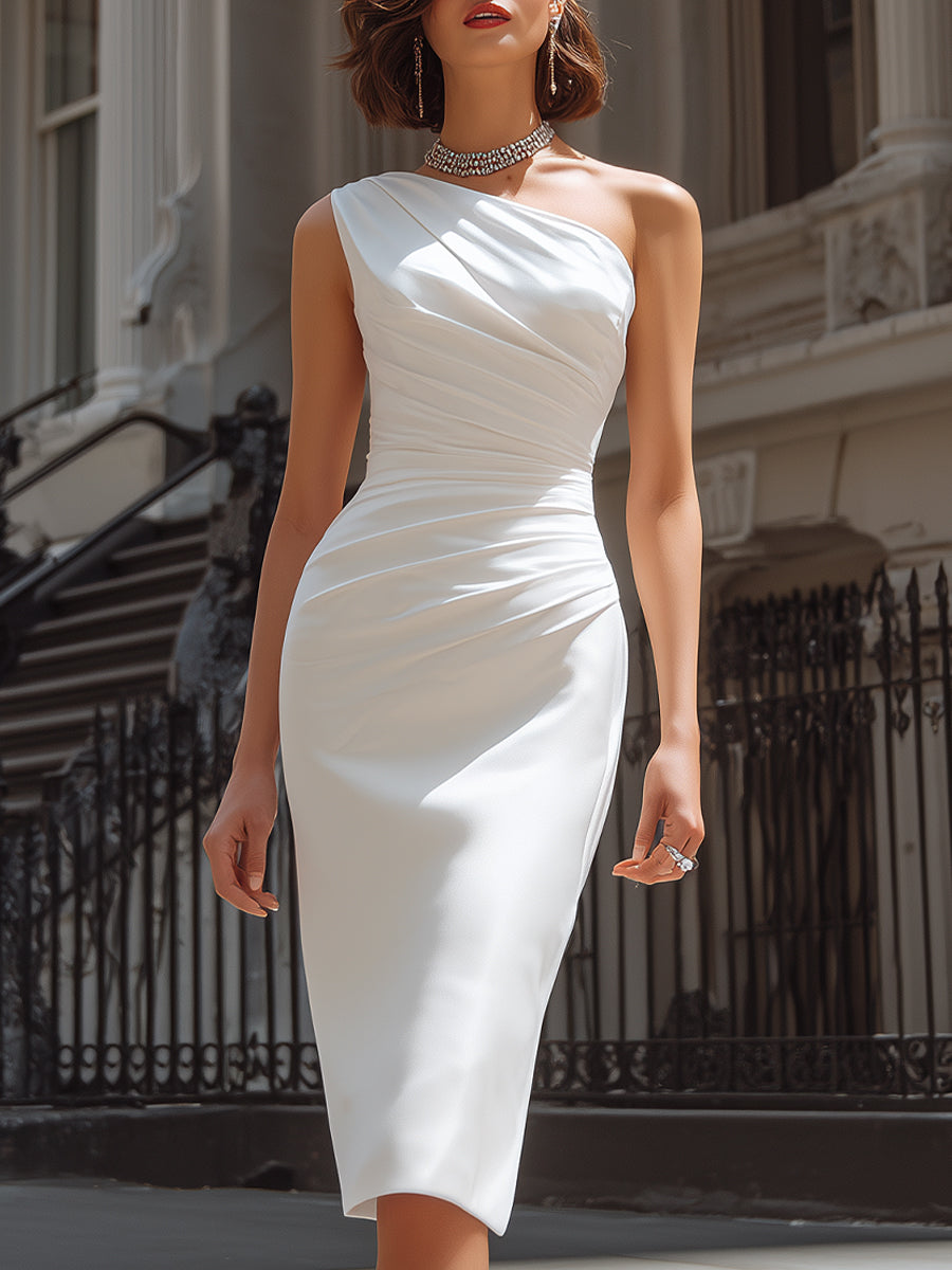 Elegant One-Shoulder Draped Sculpted Midi Dress