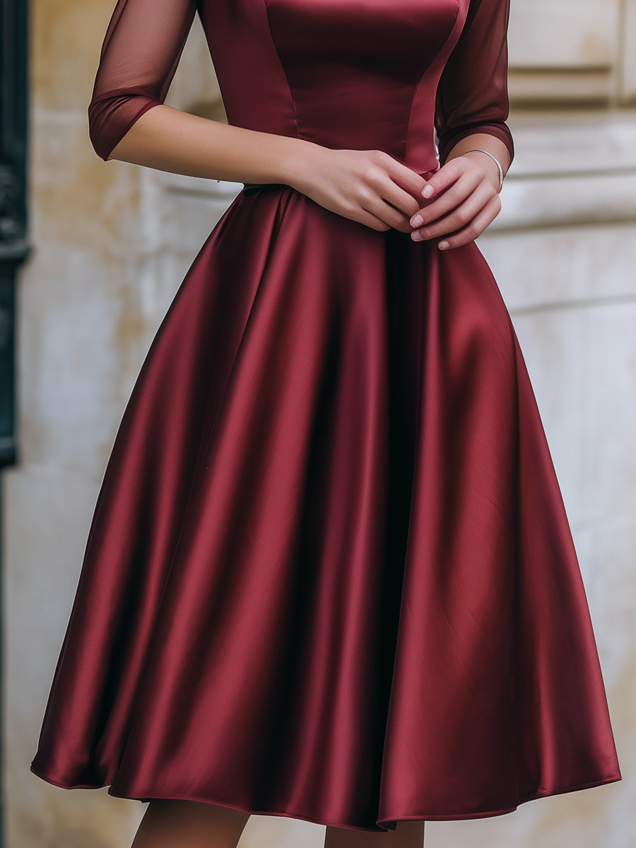 Sheer Mesh Sleeve Satin A-Line Cocktail Dress
