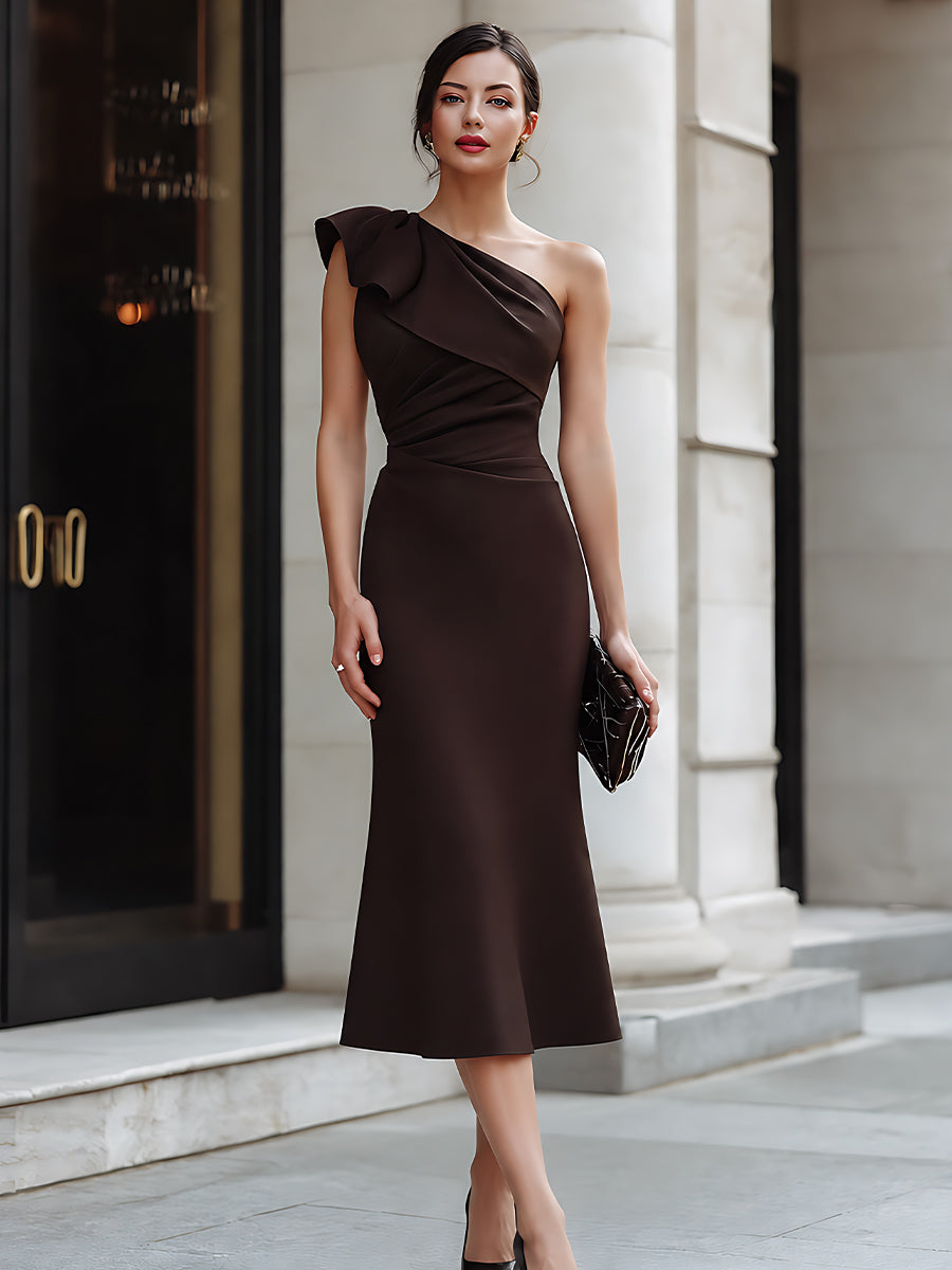 Structured One-Shoulder Draped Ruffle Accent Midi Dress
