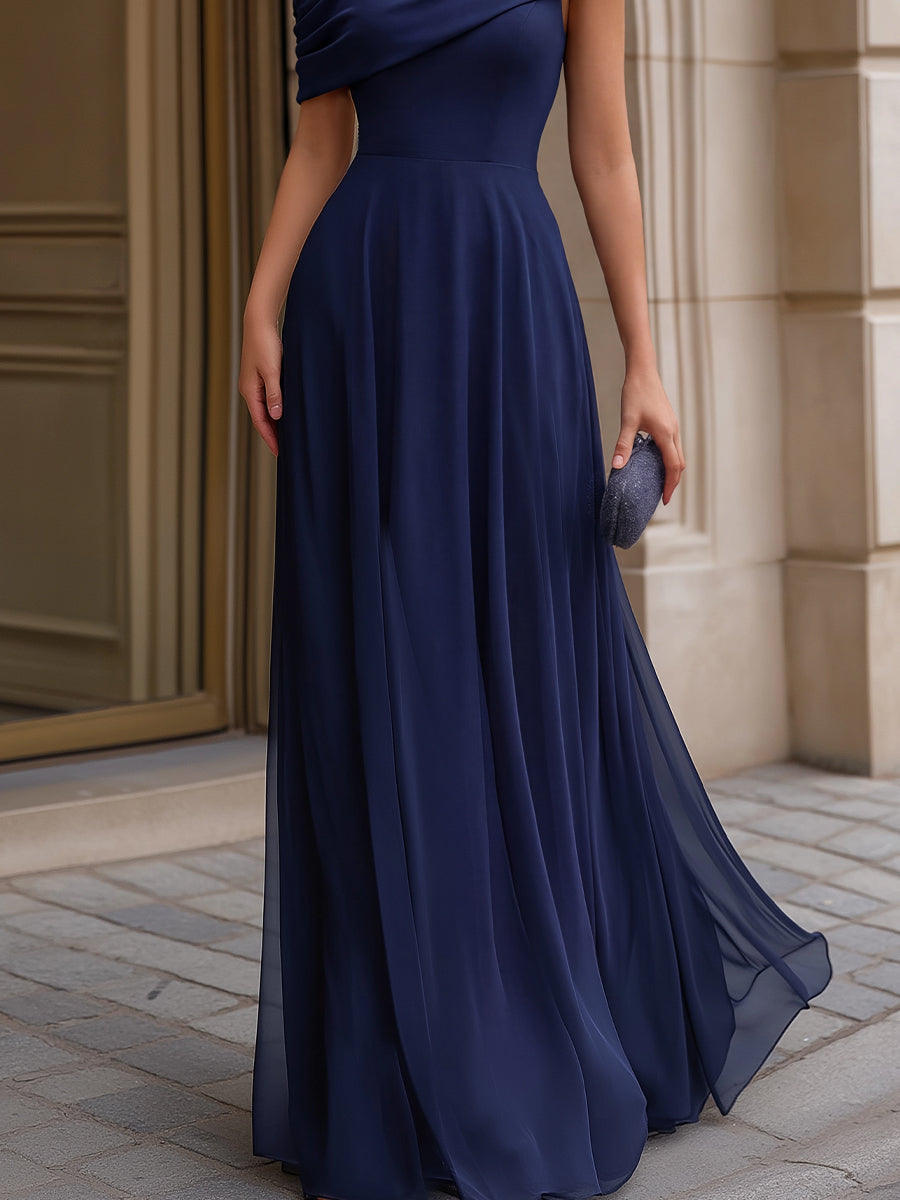 Off-Shoulder Draped Chiffon Evening Maxi Dress