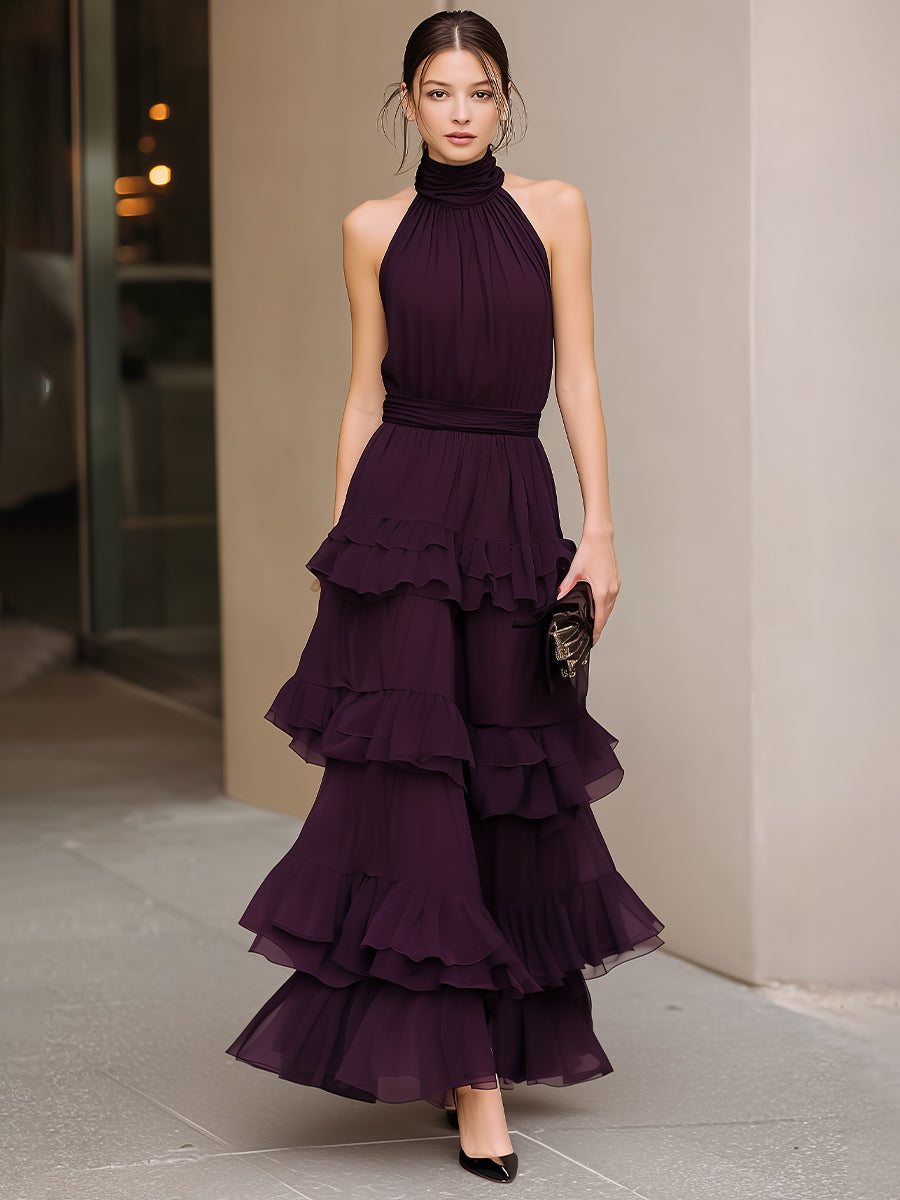 Structured Halter Neck Tiered Ruffle Maxi Dress